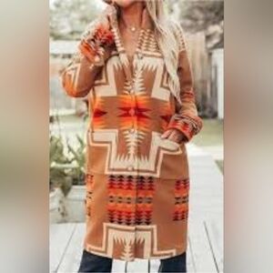 Native American Faux Pendleton Wool Tribal Blanket Coat XL Tan Red Orange Brown